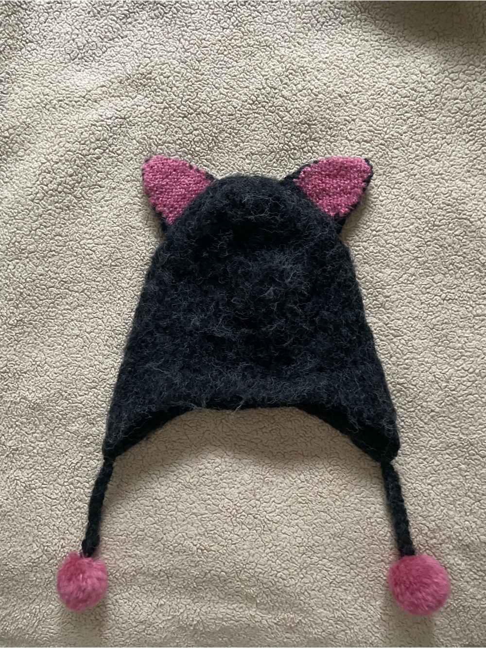 Sundance Black Knit Cat-Ear Hat with Pink Accents